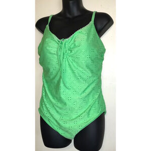 Green Eyelet Swimsuit Women's Sz XL 16 18 Built In Bra Strappy Back One Piece